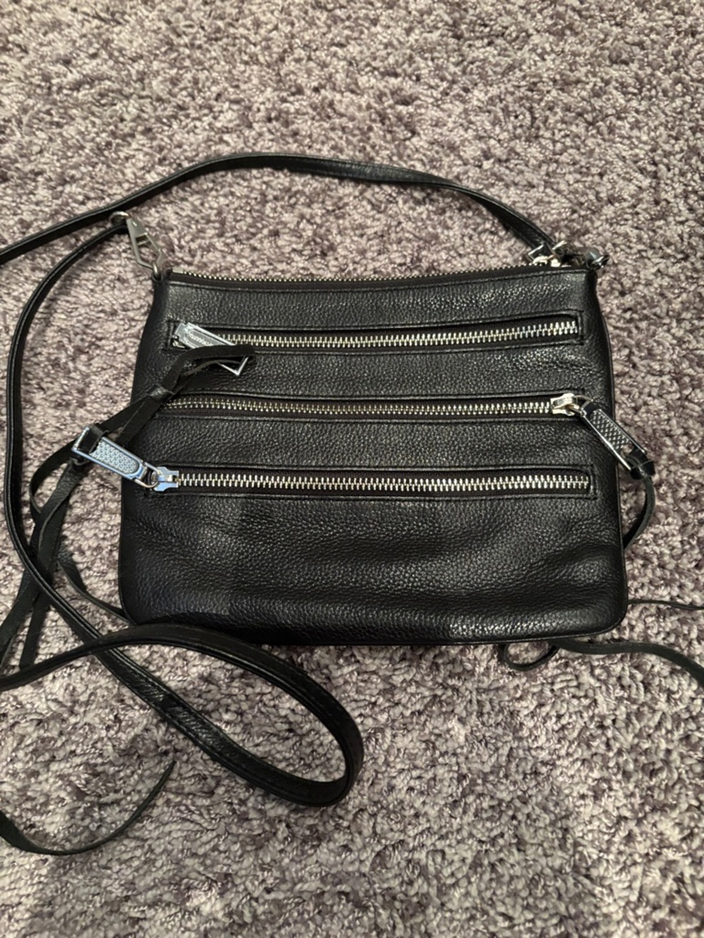Classic Black Leather Crossbody Bag with Triple Zip Pockets
